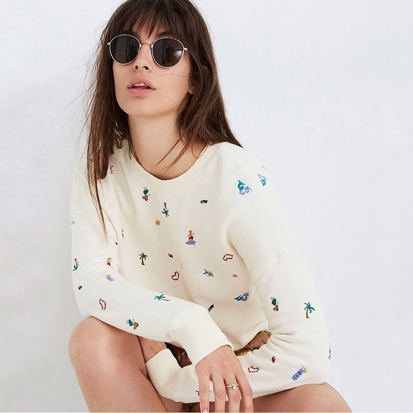 Madewell Lei-cation Embroidered Mainstay French Terry Pullover Sweatshirt Cream - Picture 1 of 16